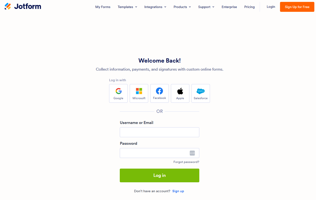 Jotform login page