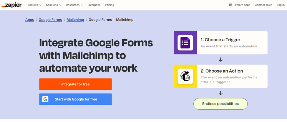 Zapier's Google Forms and Mailchimp page