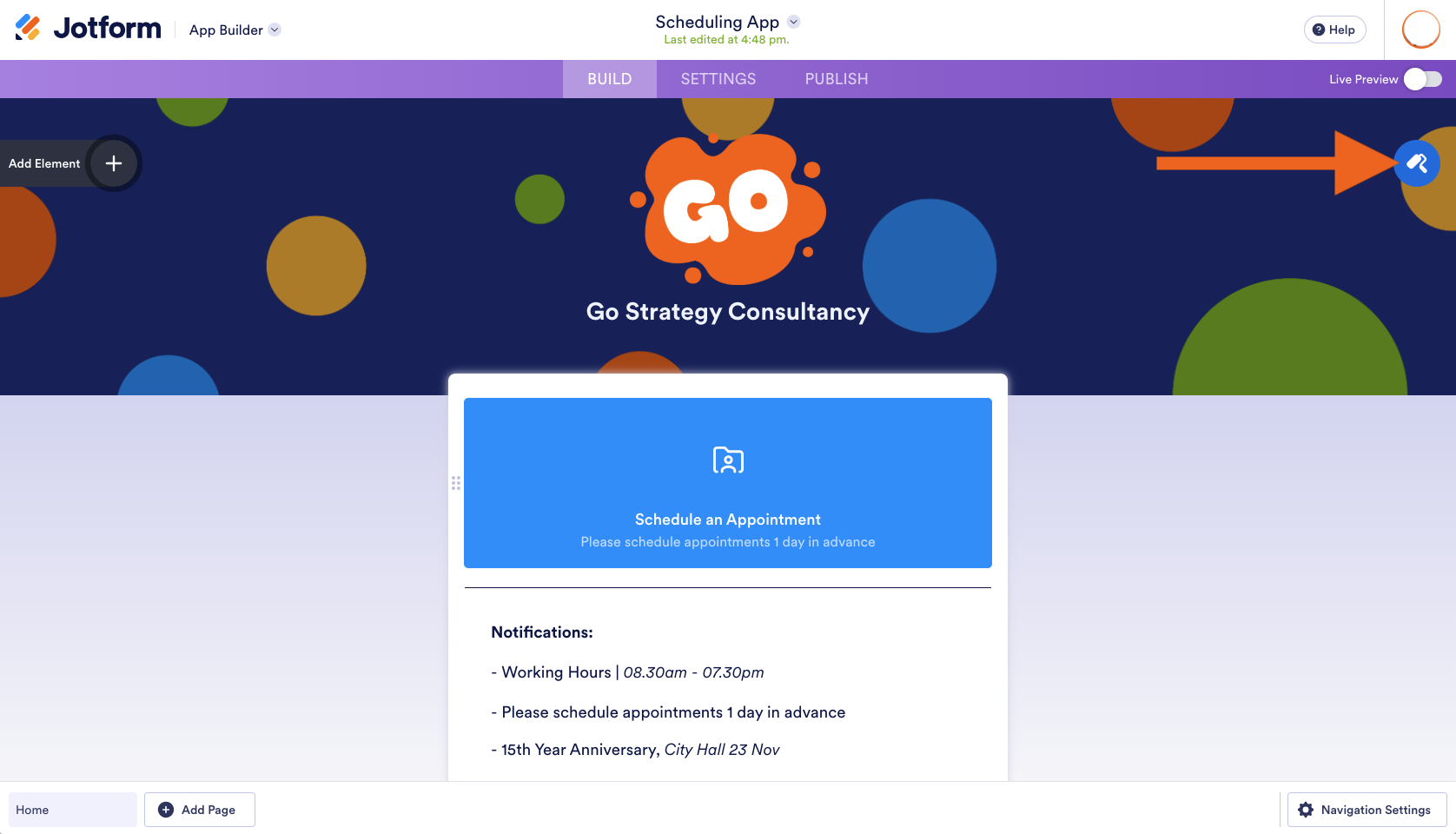 Clicking on the Paint Roller Icon on the Jotform App Builder