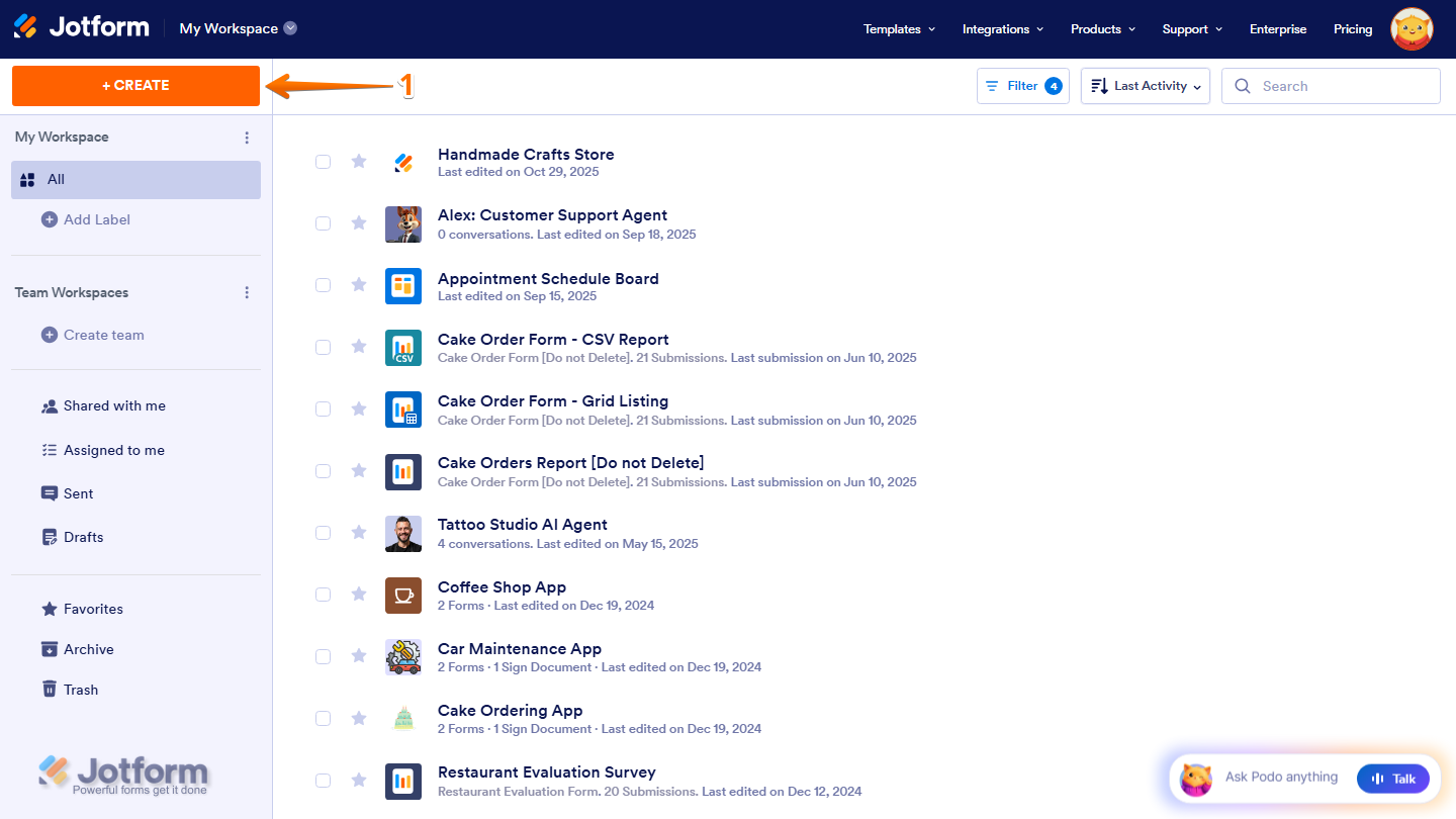 Workspace page showing the Create button on the top-left side of the screen in Jotform