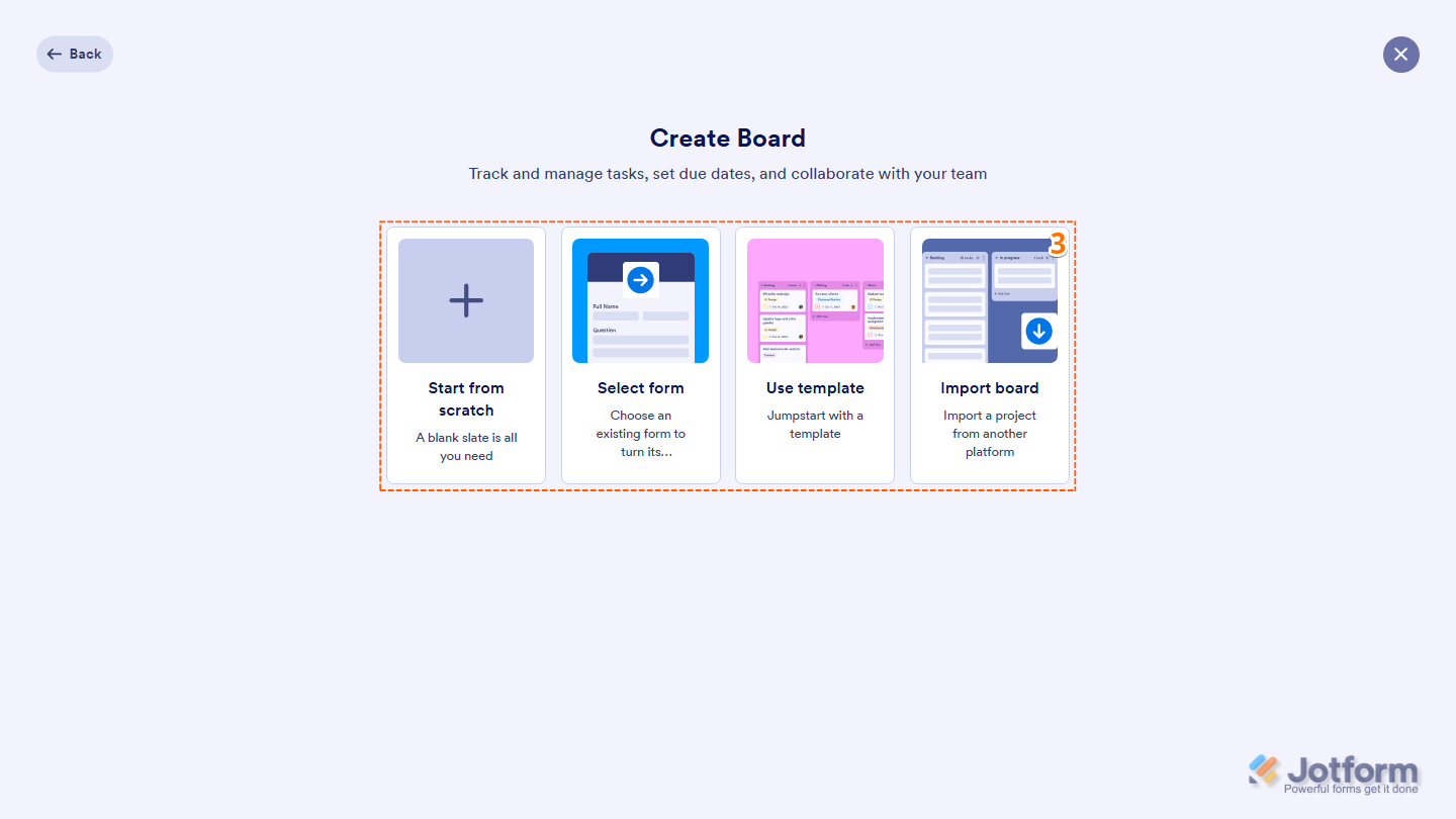 Create menu with the Board option highlighted and ready to be selected in Jotform