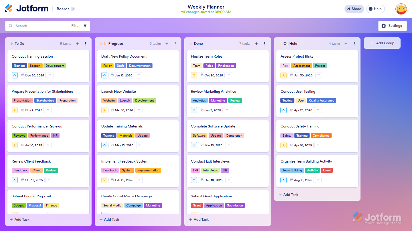 Board creation page showing a newly created board ready for customization with editable sections, tools, and layout options in Jotform