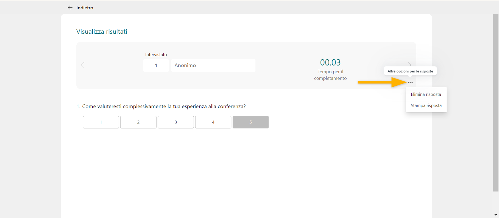 Pagina Visualizza Risultati su Microsoft Forms con freccia che indica i tre puntini orizzontali