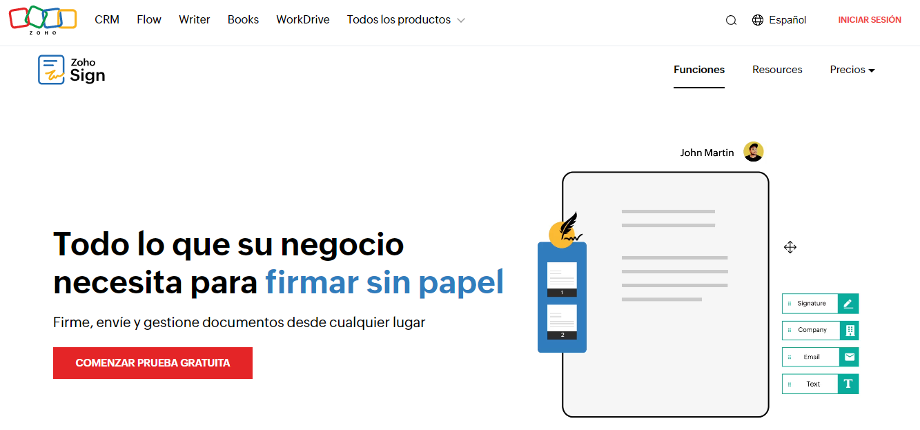 Página de inicio de Zoho Sign