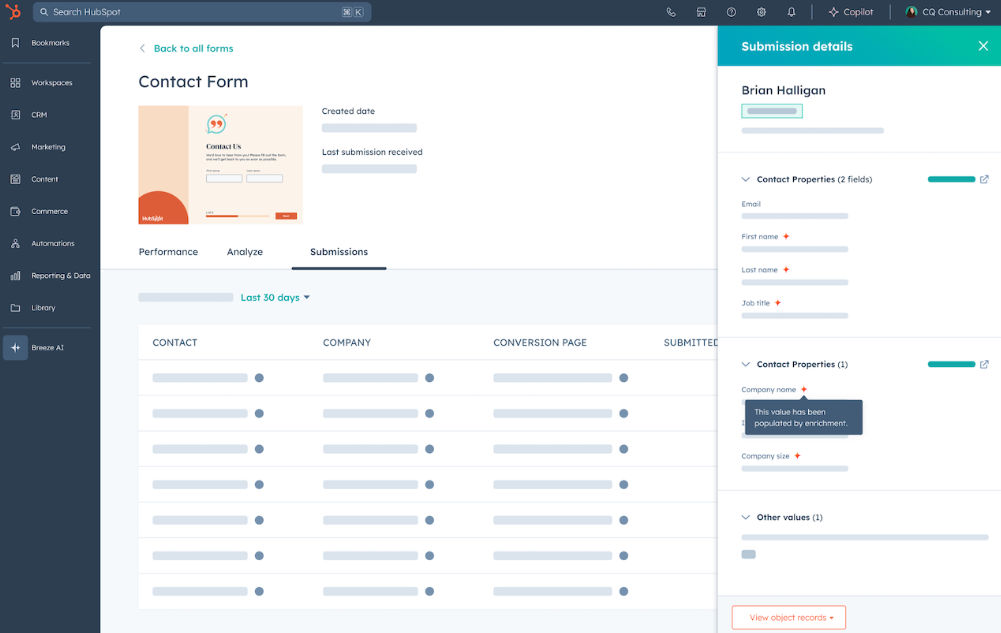 User Interface of HubSpot Form Shortening