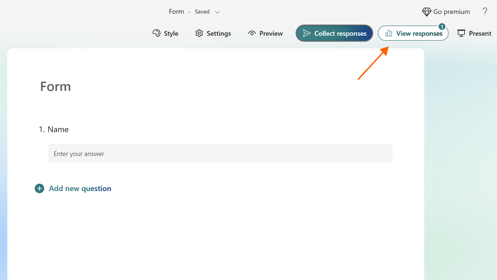 Screenshot of a Microsoft Forms form with an arrow pointing to the "View Responses" button