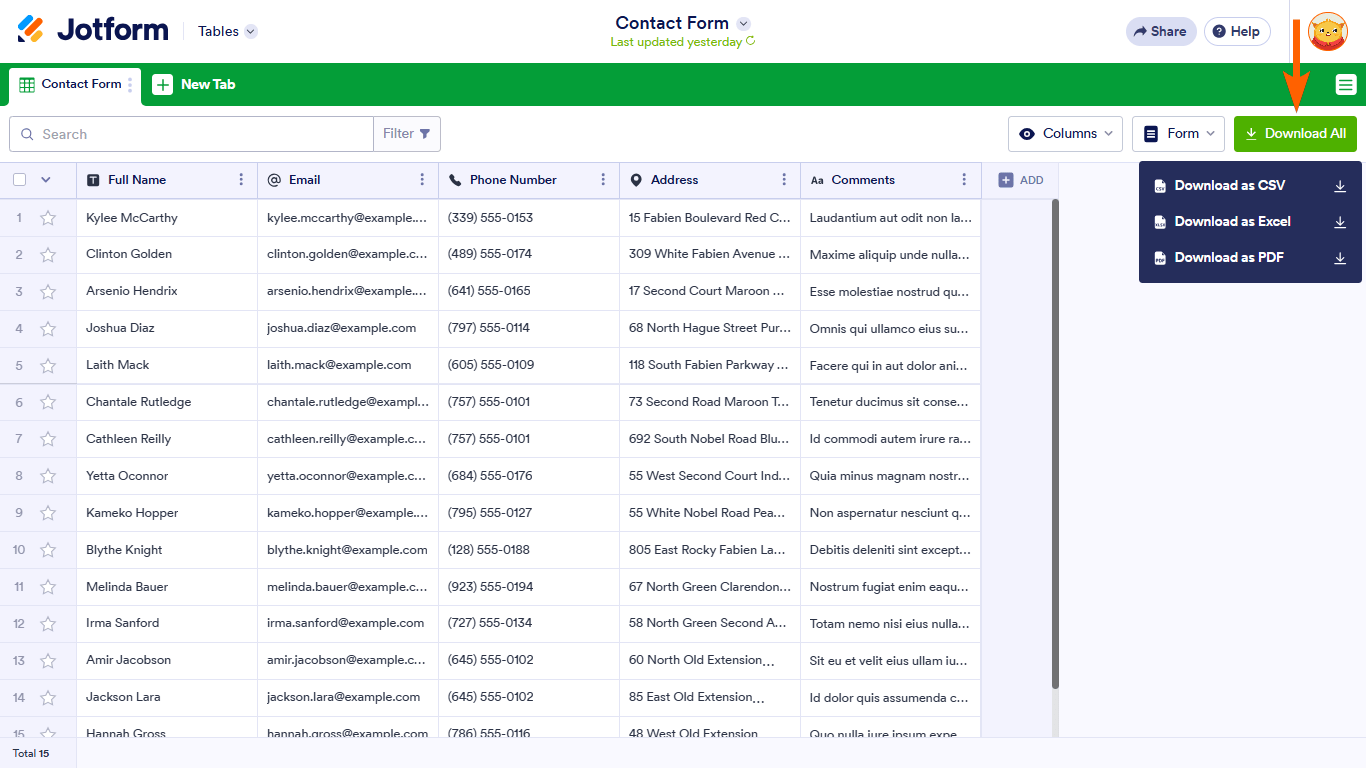 Screenshot of Jotform Tables with an arrow pointing to the "Download" button and dropdown menu