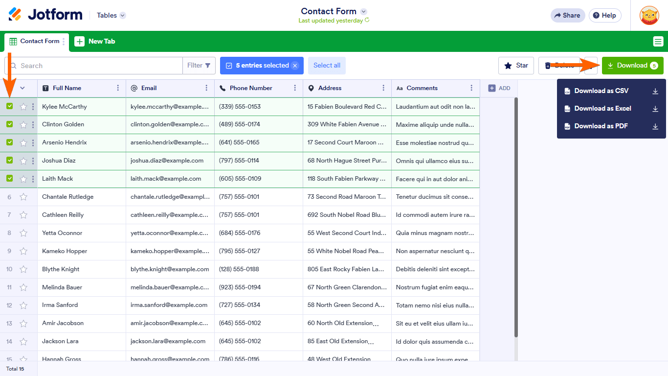 Screenshot of Jotform Tables with arrows pointing to the boxes next to the form responses and the "Download" button