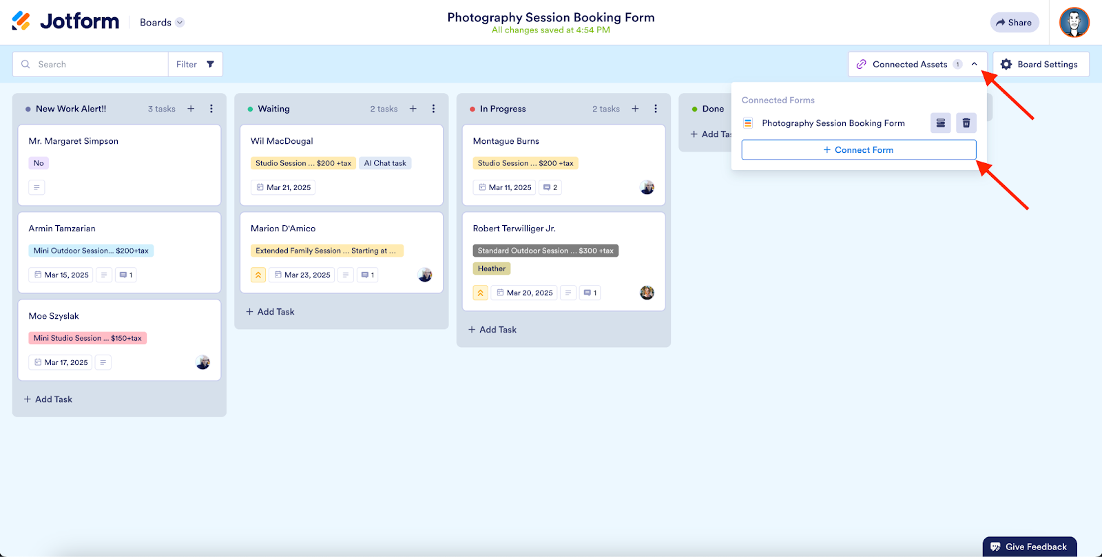 Clicking on the Connected Assets options and then selecting the Connect Form option