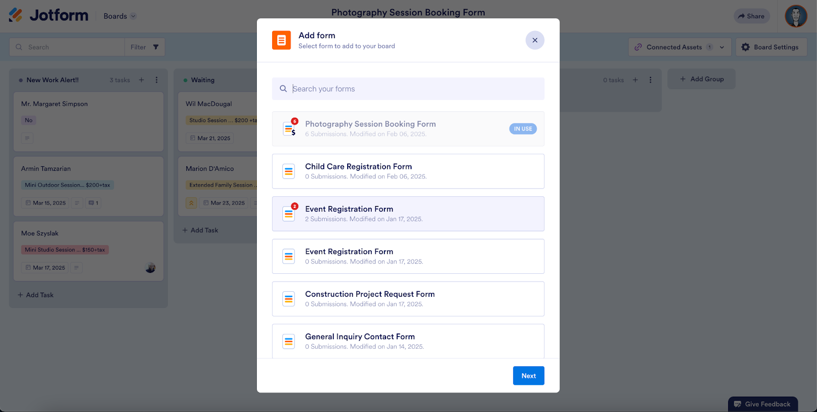 Viewing the existing forms in the Add Form window in Jotform Boards