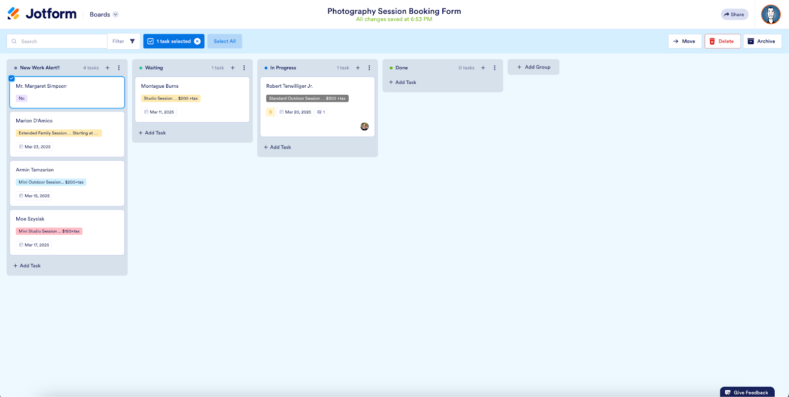 Viewing the different boards under the Photography Session Booking Form in Jotform Boards