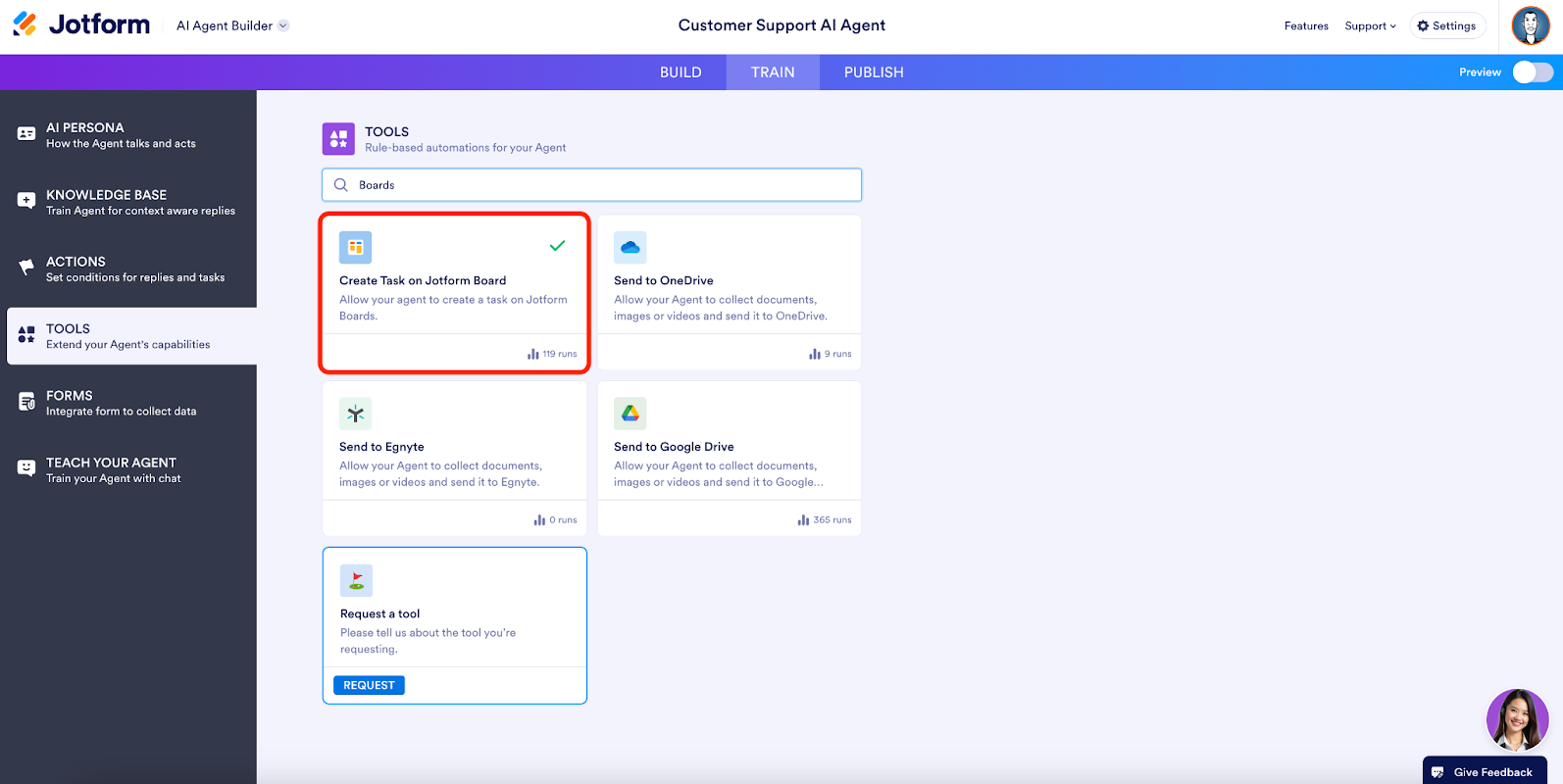 Selecting Create Task on Jotform Board option under the Tools tab in Jotform Boards