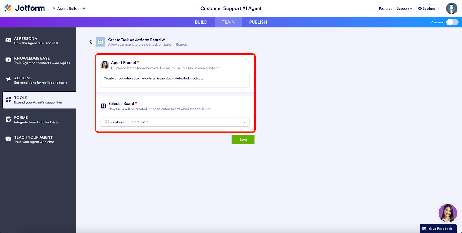 Highlighting the Agent Prompt field and Select a Board dropdown under the Create Task on Jotform Board option