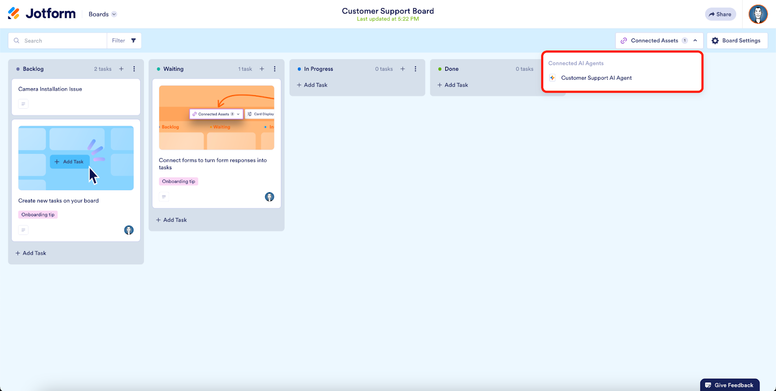 Highlighting the linked Customer Support AI Agent under Connected AI Agents in Jotform Boards