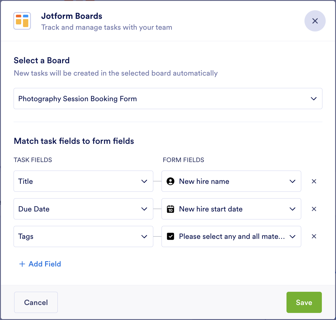 Viewing the options of Jotform Boards in the Workflow Builder