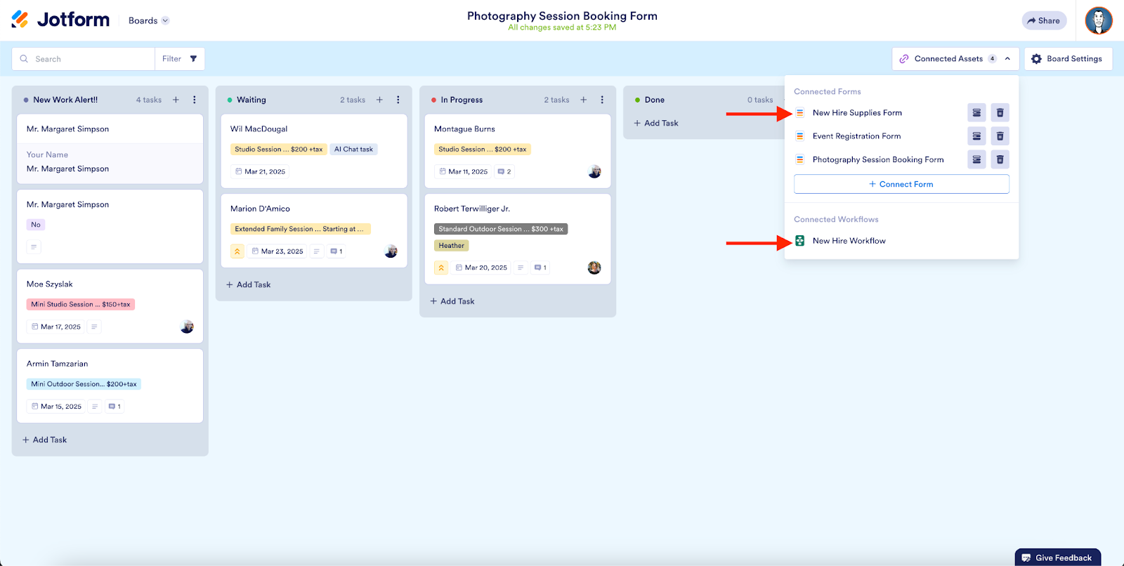 Viewing the Connected Forms and Connected Workflows under the Connected Assets in Jotform Boards