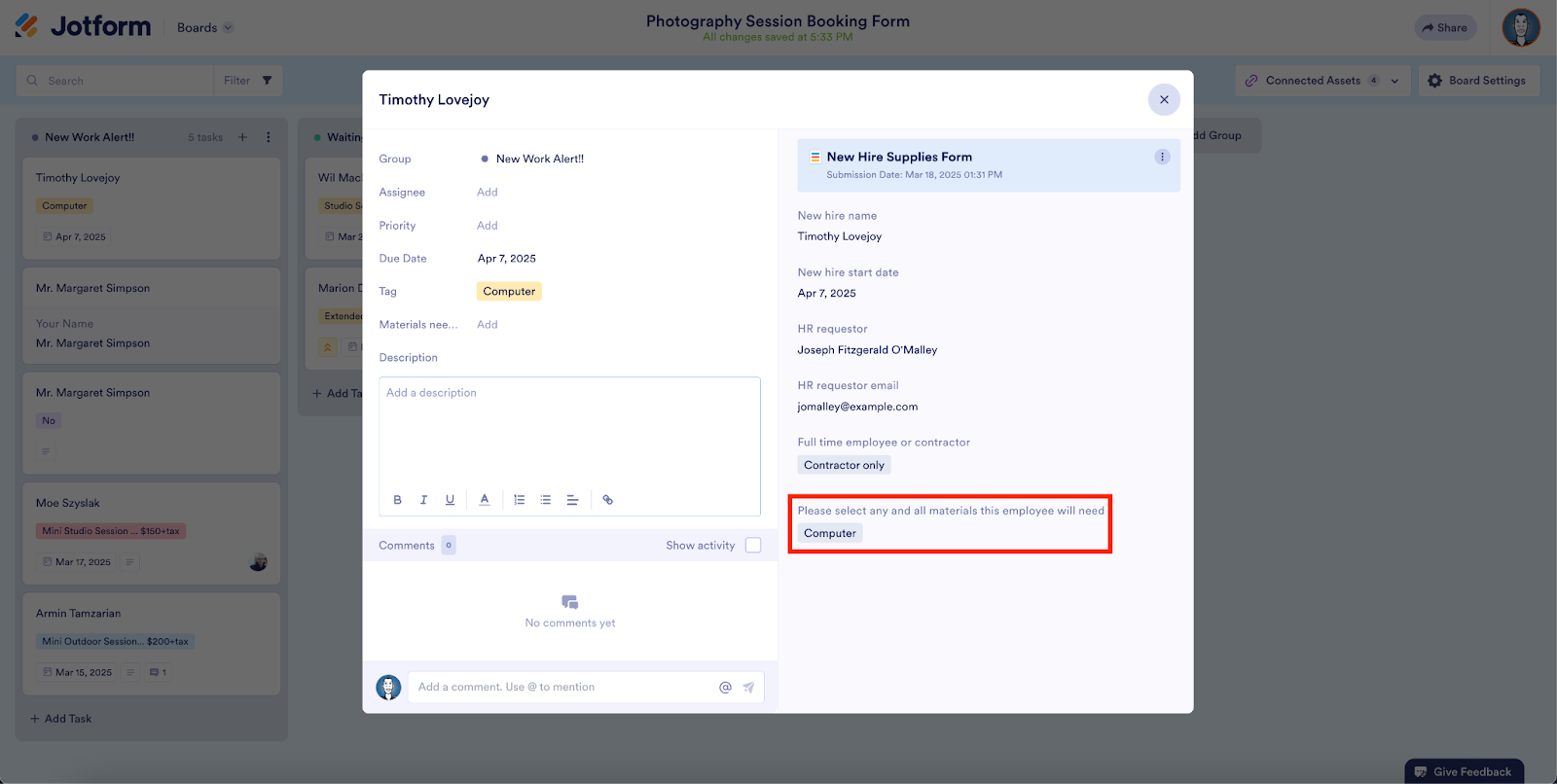 Onboarding tasks under the New Hire Supplies Form in Jotform Boards