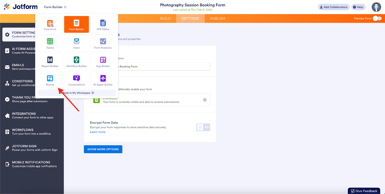 Clicking on Boards under the Form Builder menu bar on Jotform Form Builder