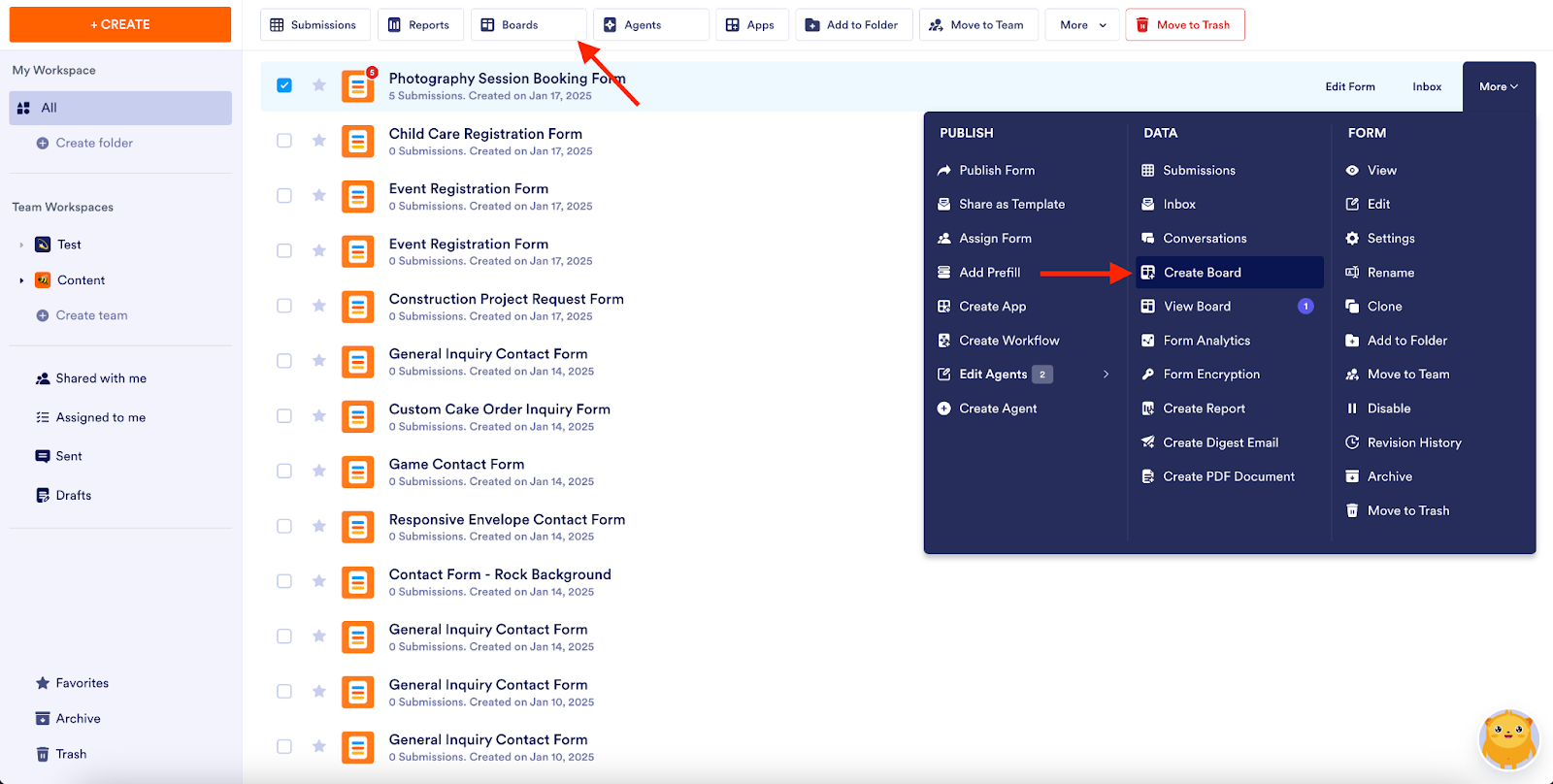 Selecting the Boards button from the toolbar and clicking on Create Board under the More options