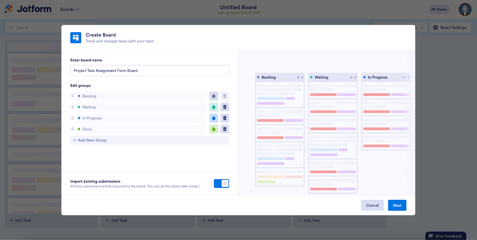 Choosing your task groups, naming your board, and importing existing form submissions in the Create Board window