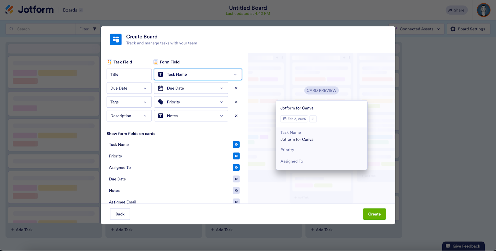 Matching the form’s fields to the board’s task fields on the Create Boards window, then clicking on the Create button