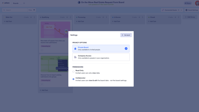 Viewing the Settings window on Jotform Boards