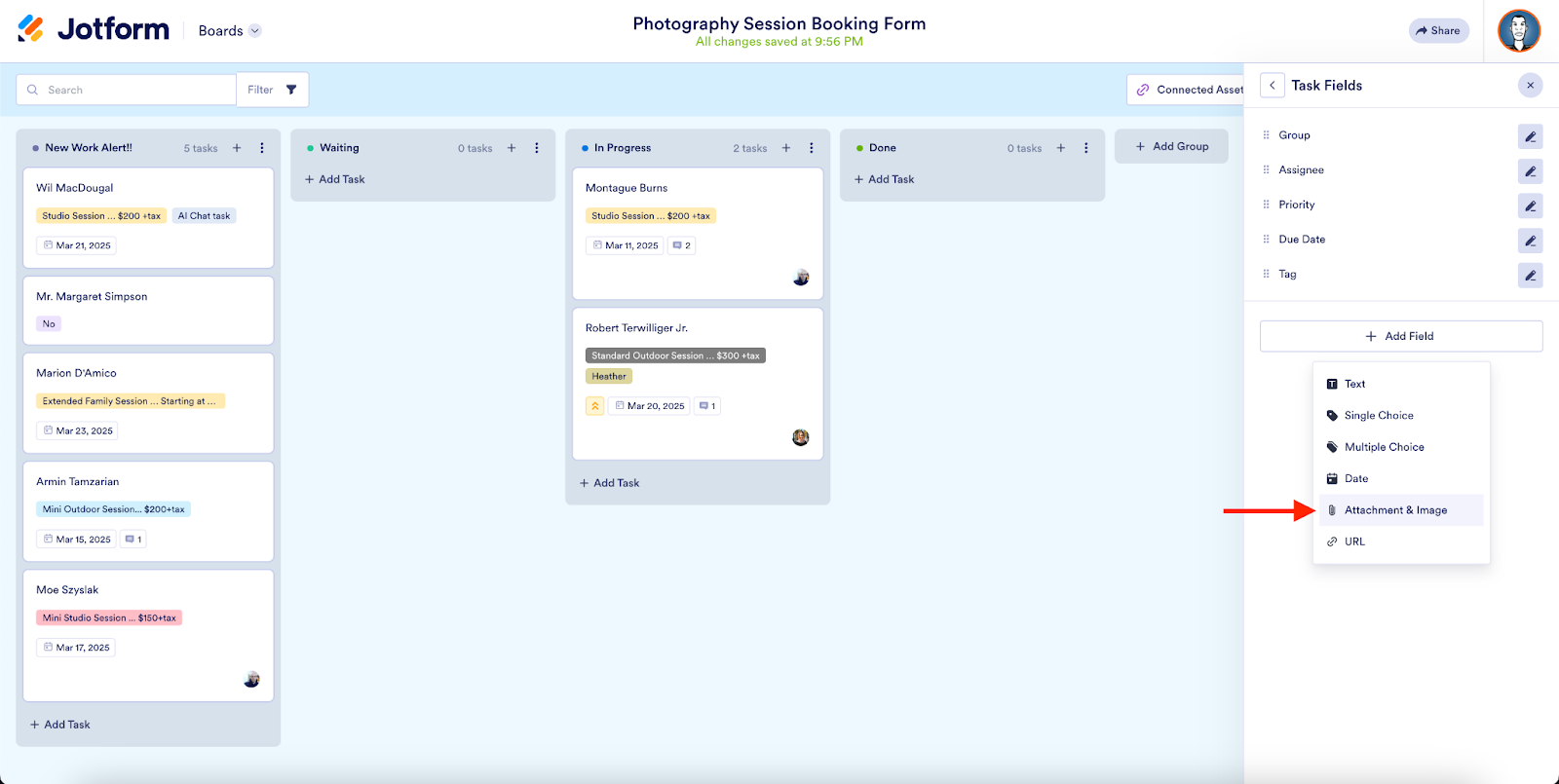 Viewing the options to Add Field under the Task fields window in Jotform Boards