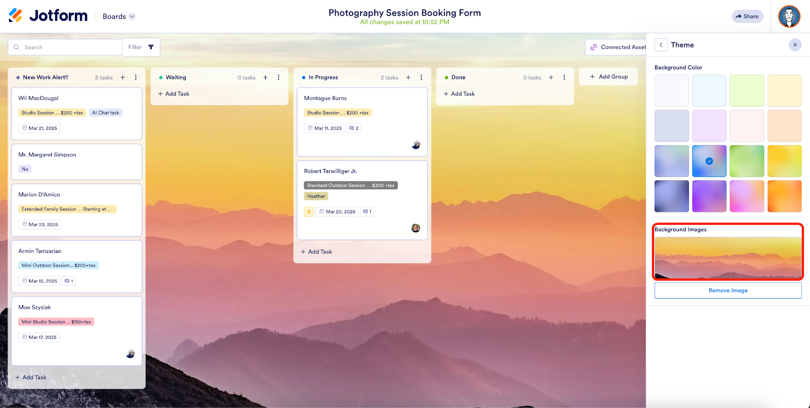 Changing the Background Image under the Theme window in Jotform Boards