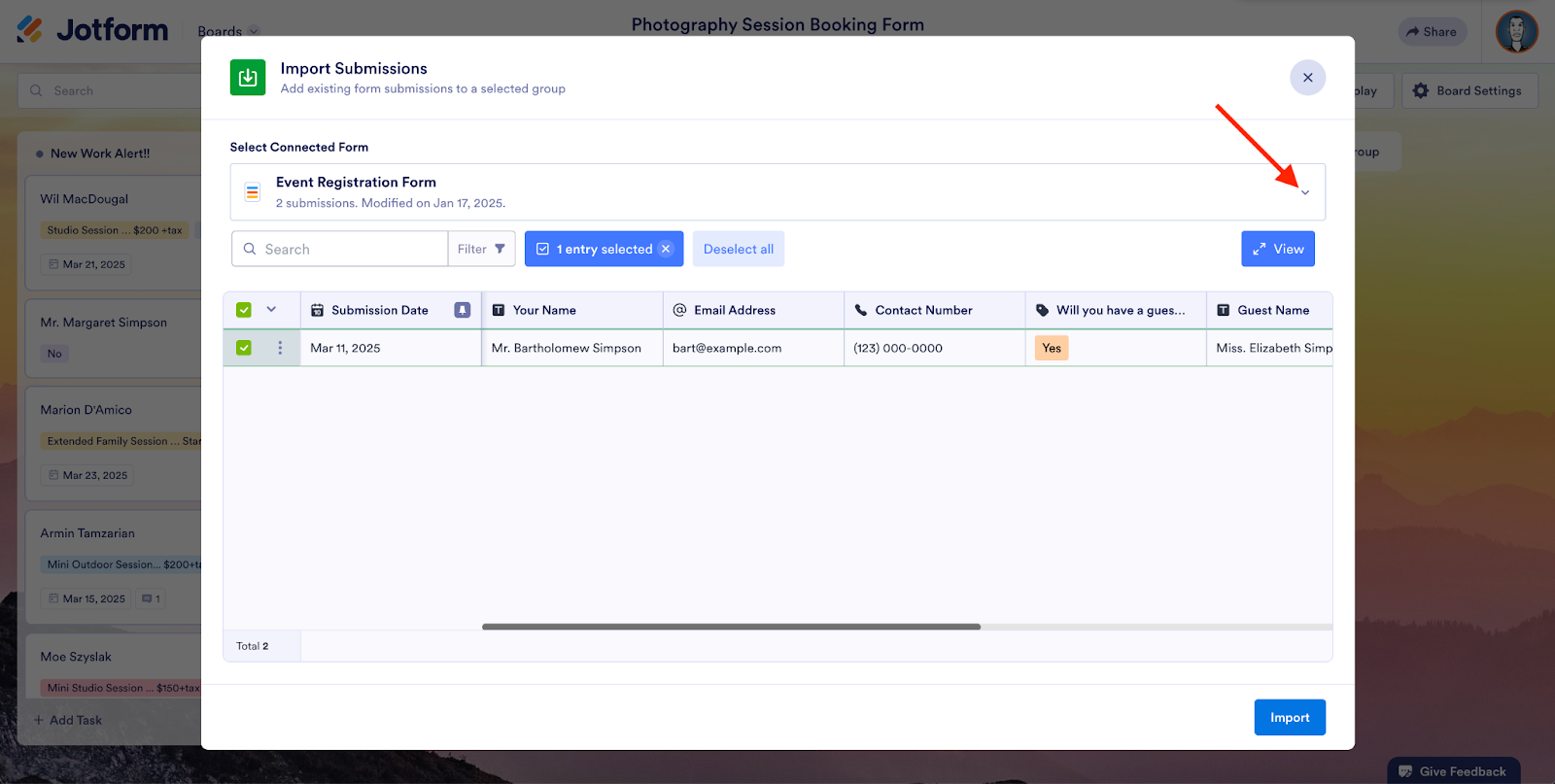 Clicking on the dropdown icon next to the selected form and choosing Import submissions