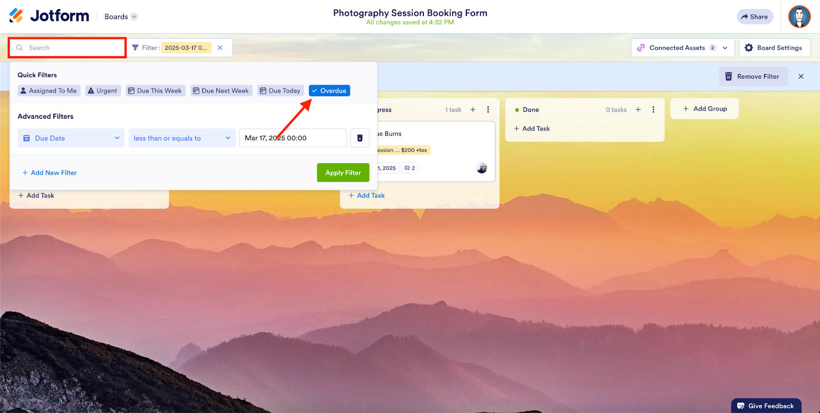 Entering search terms on the searchbar and selecting Overdue in Jotform Boards