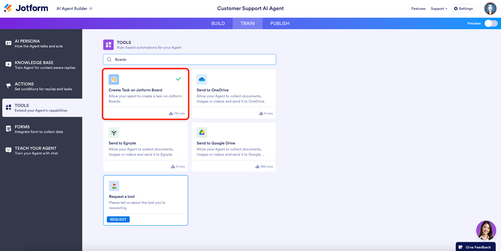 Selecting Create Task on Jotform Board option under the Tools tab in Jotform Boards