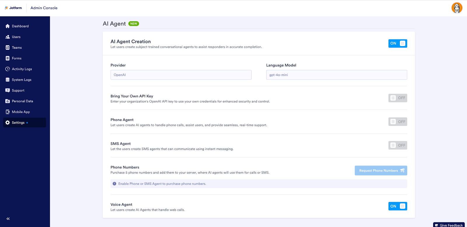 AI Agent section in the Admin Console