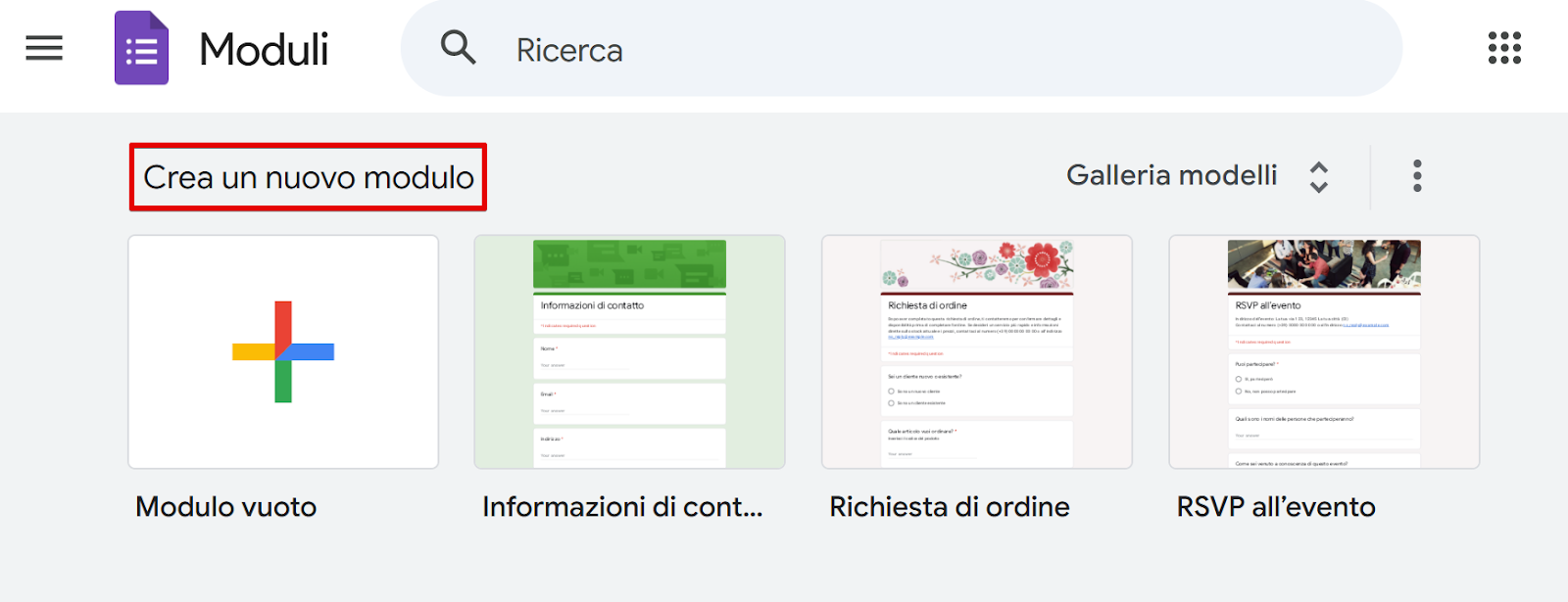 Creare un nuovo modulo in Google Forms