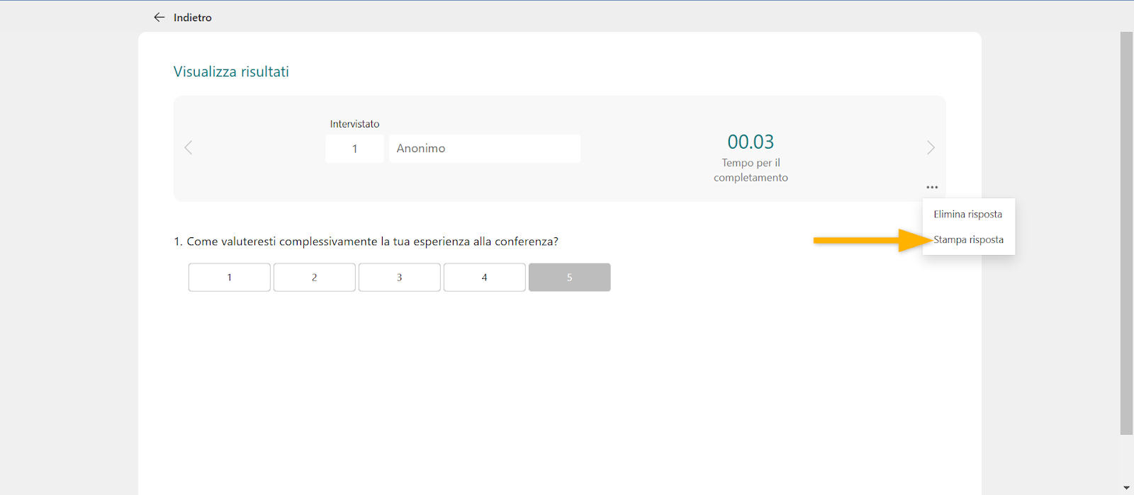 Freccia che indica l'opzione "Stampa Risposta" nella pagina Visualizza Risultati in Microsoft Forms