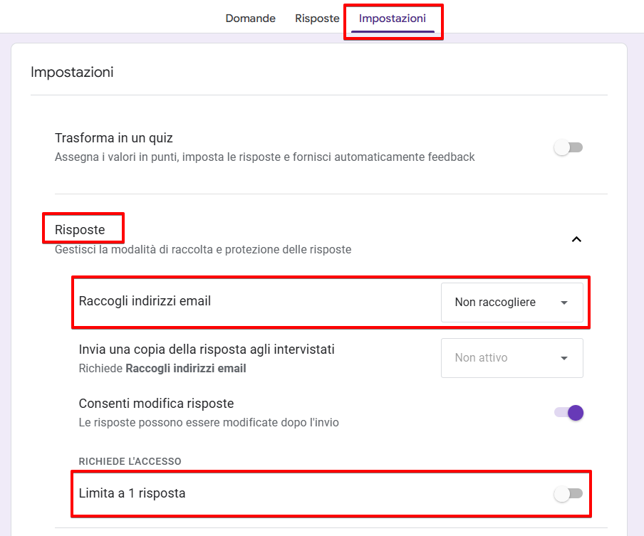 Scheda impostazioni su Google Form con evidenziato la sezione risposte