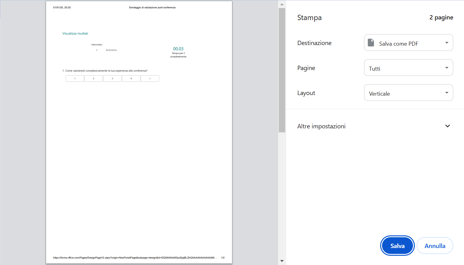 Visualizzazione della pagina delle opzioni di stampa in Microsoft Forms