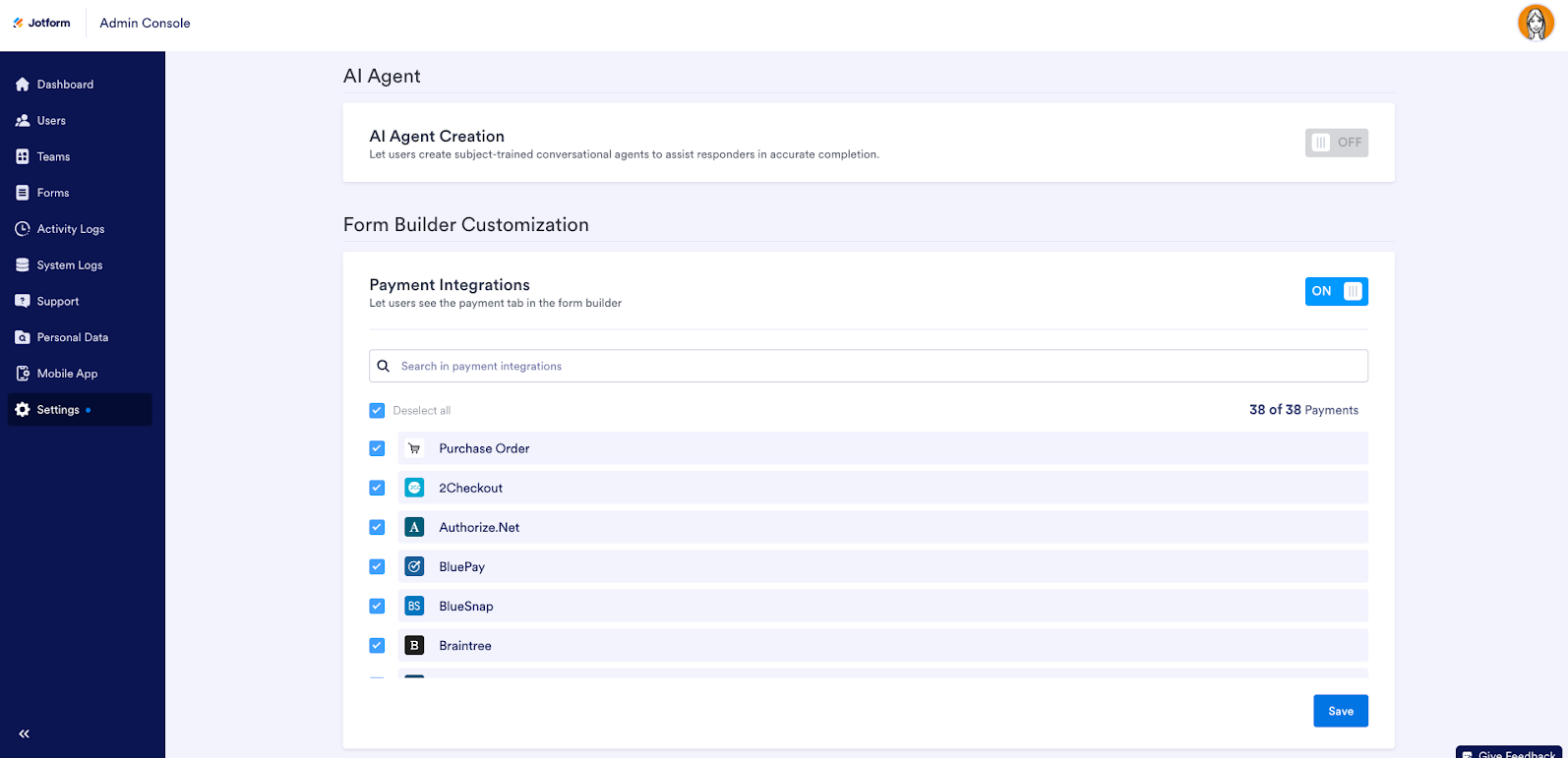 AI Agent section on the Jotform Enterprise Admin Console