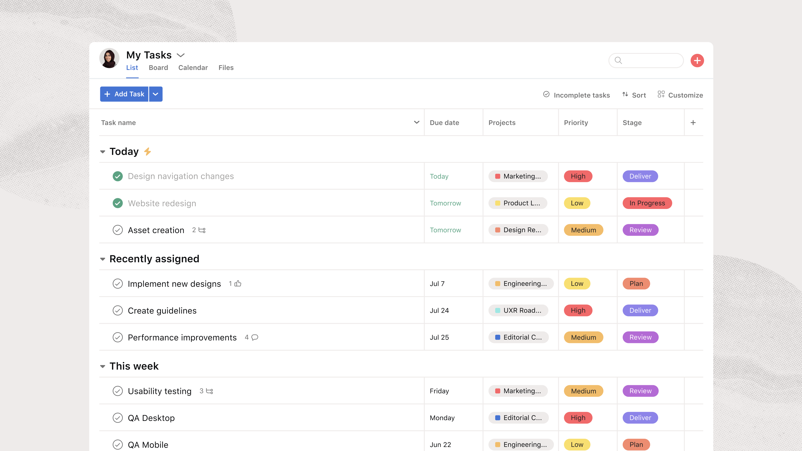 asana user interface example showing user tasks in a detailed list and with labels