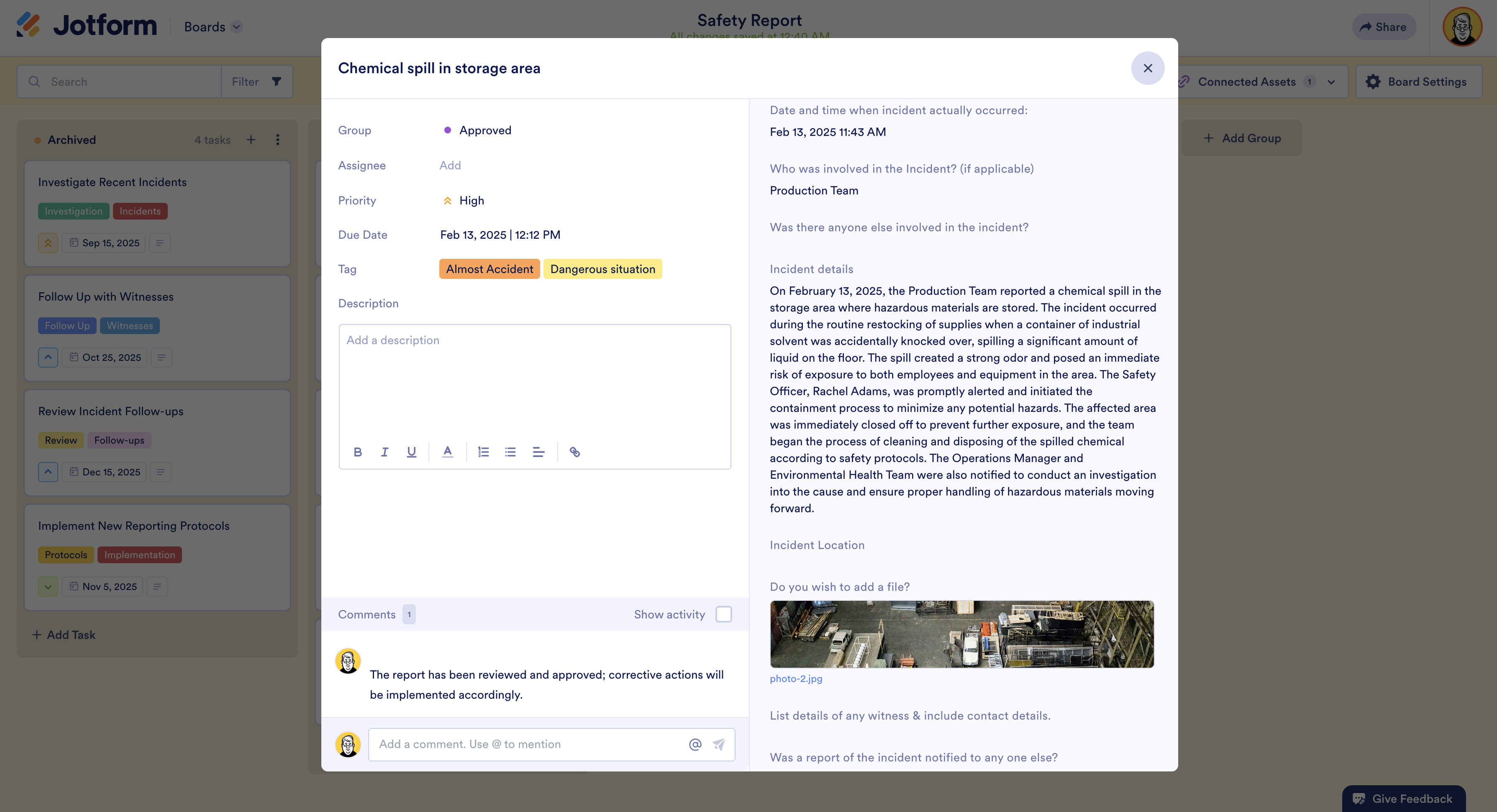 Comments feature viewed in a task in Safety Report Board