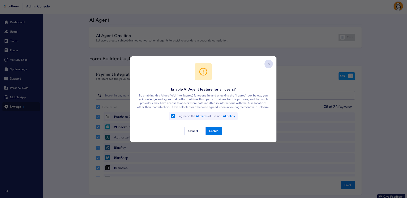 Enable AI Agent for all users window in Jotform Enterprise Admin Console