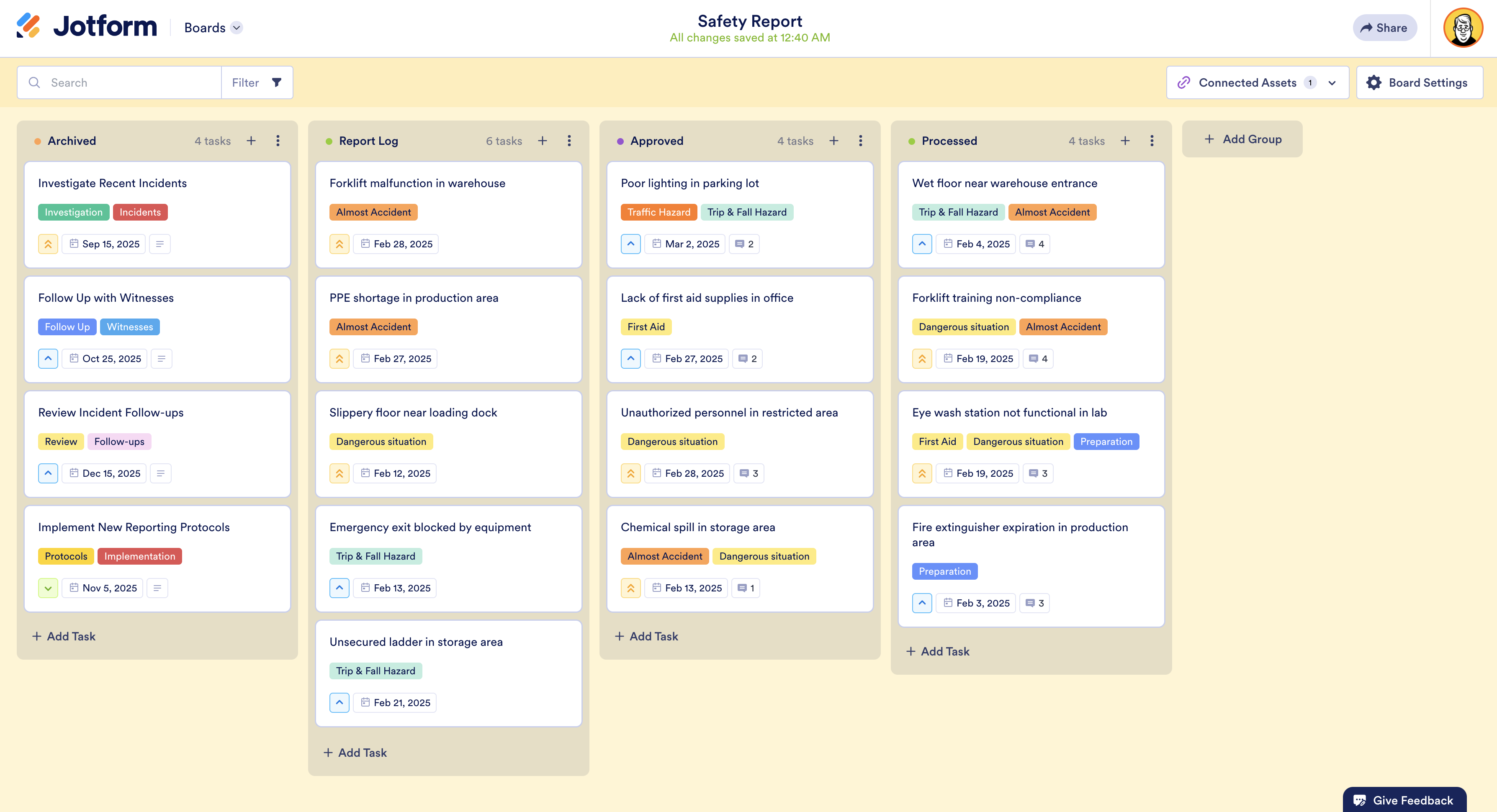 A use of the log of safety incidents in Jotform Boards