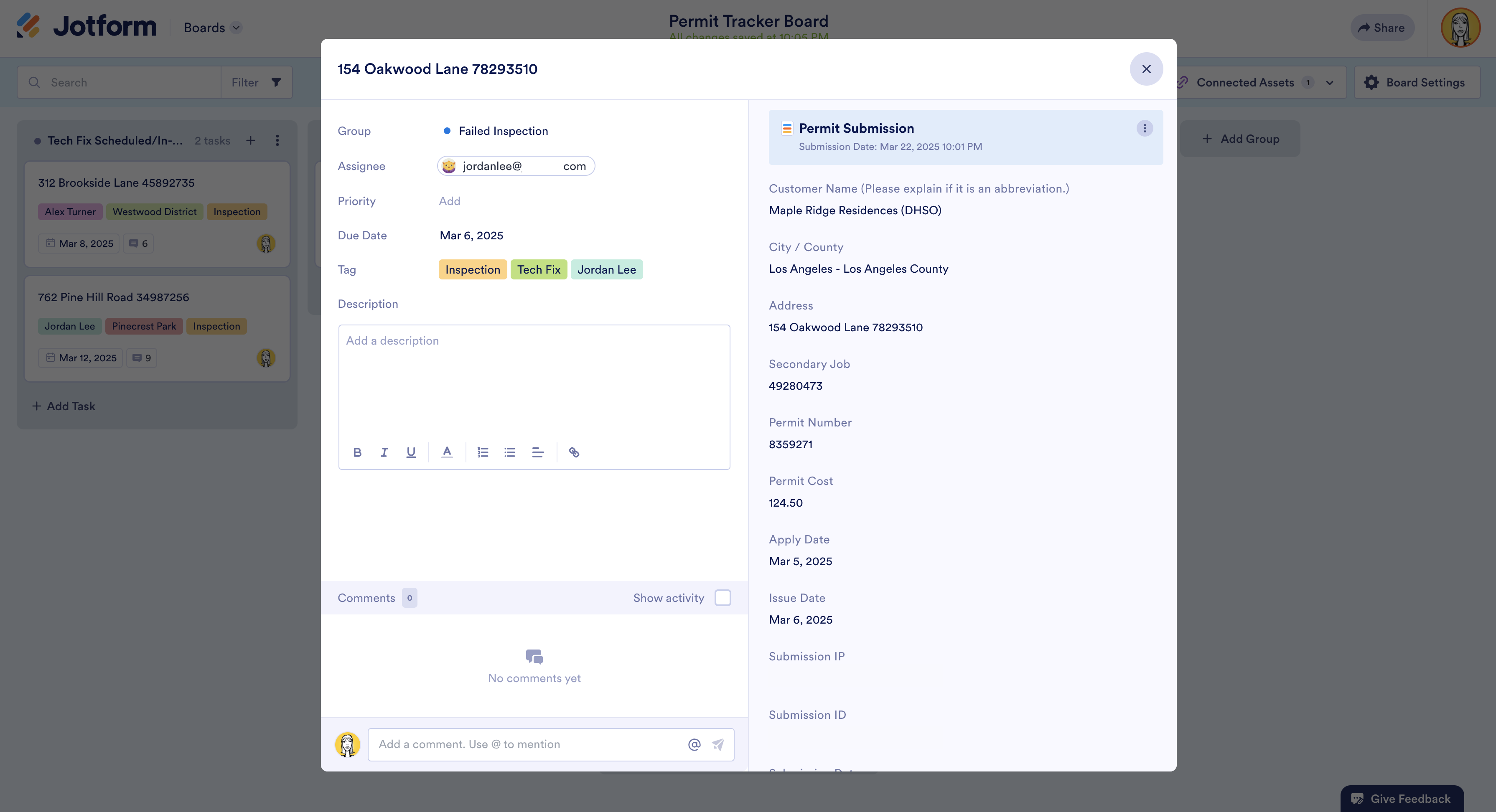Viewing the submitted form with the task card in Jotform Boards