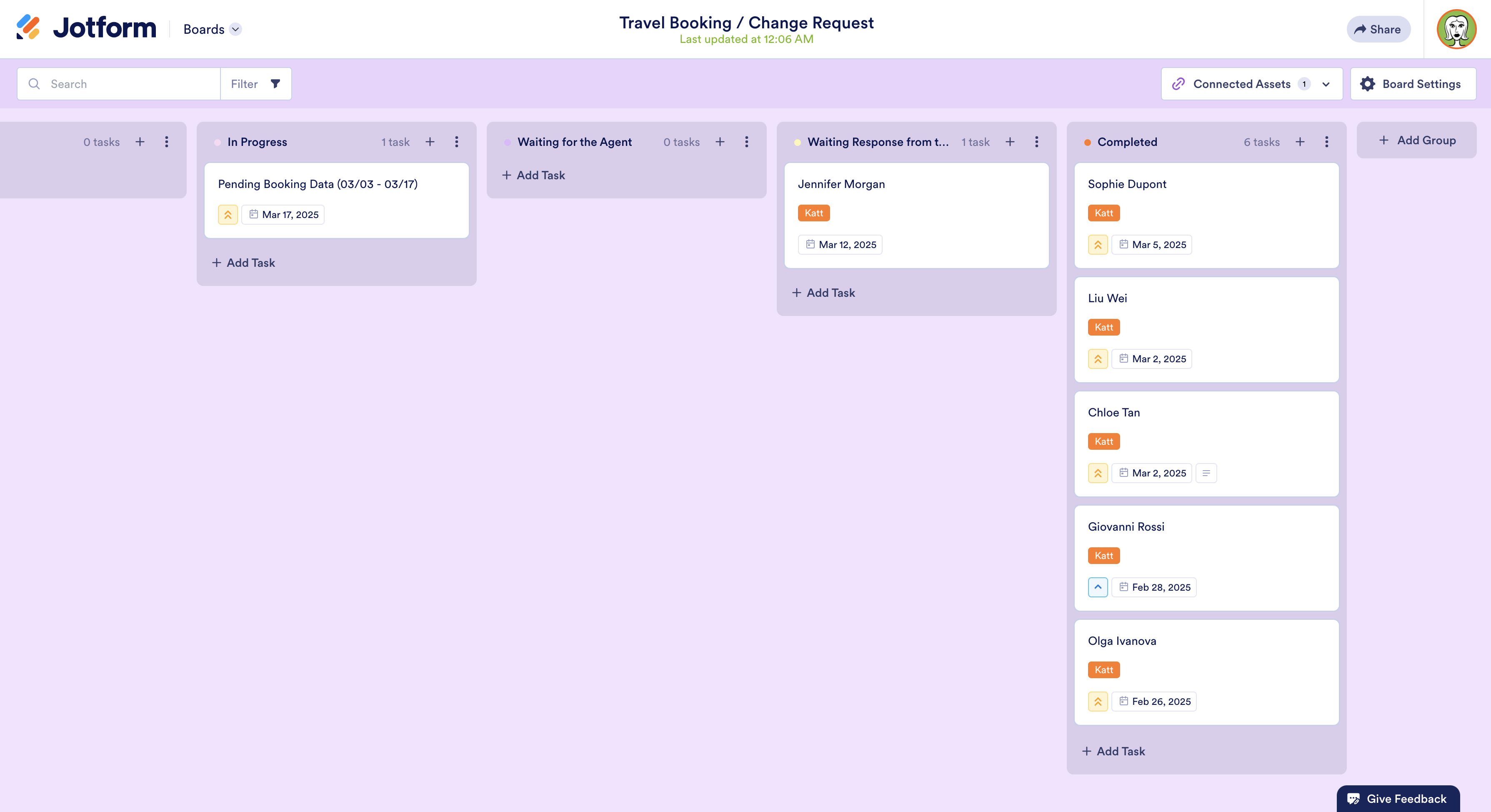Use of Jotform Boards for managing booking and change requests