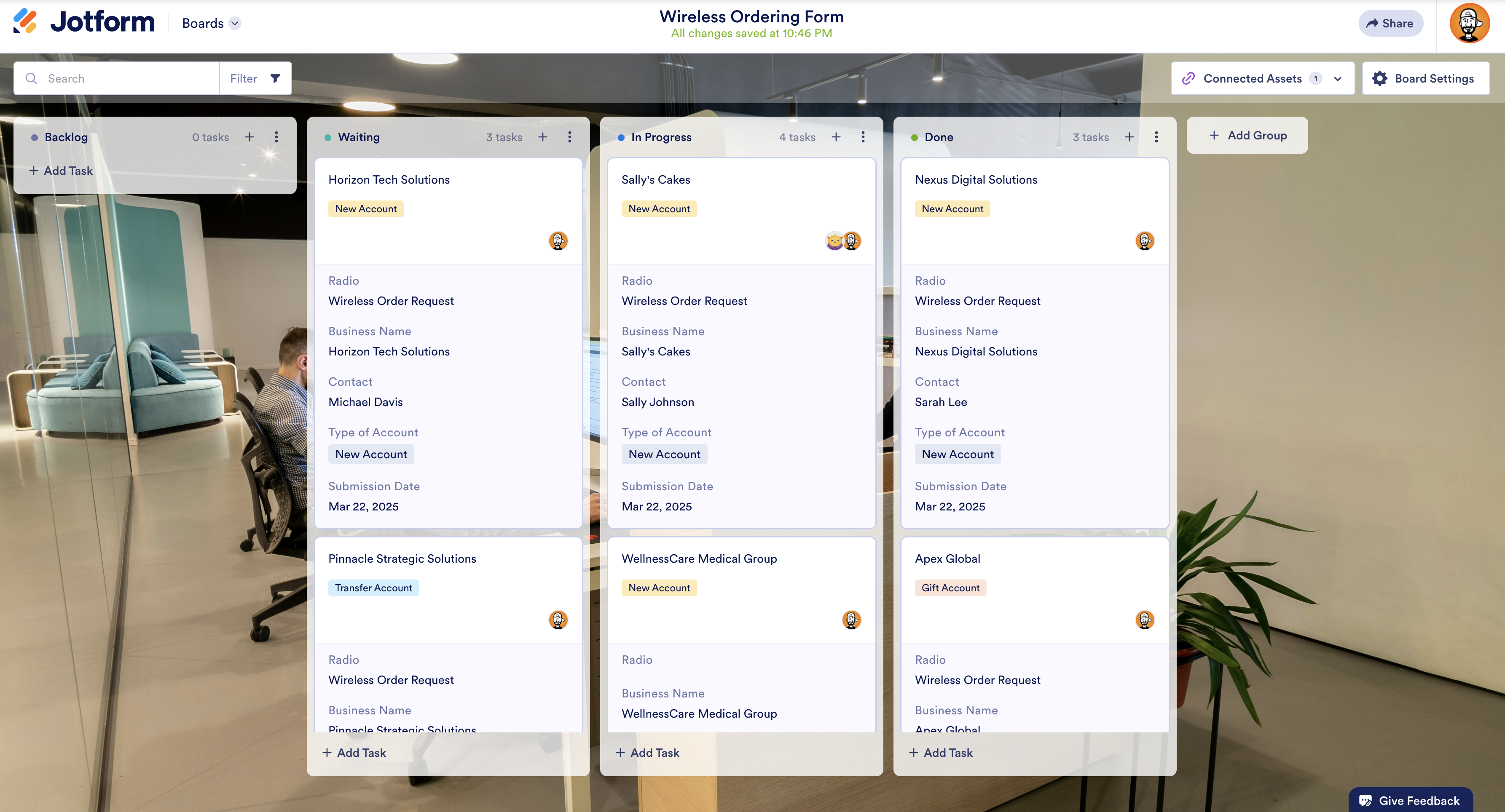 Use of Jotform Boards for managing customer's wireless order requests