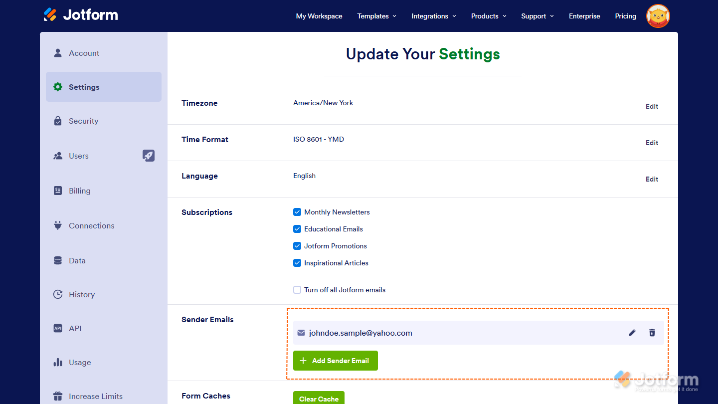 Saved custom sender email on Jotform Account Settings page