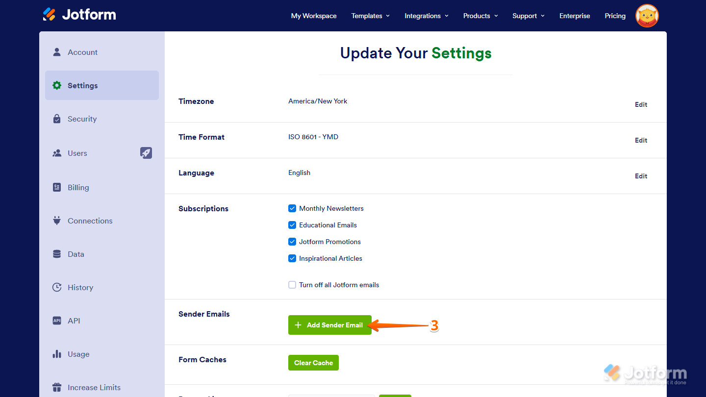 Sender Emails setting Add Sender Email button on Jotform Account Settings page