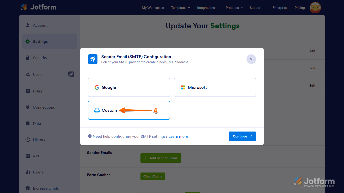 Custom option in the Sender Email (SMTP) Configuration window on Jotform Account Settings page