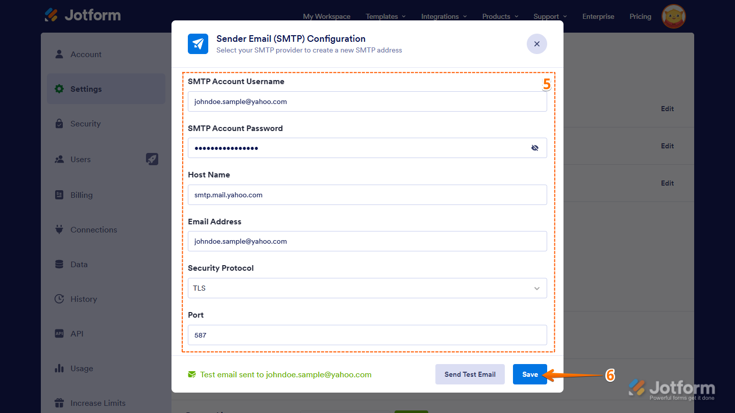 Save button for SMTP Settings in the Sender Email (SMTP) Configuration window on Jotform Account Settings page