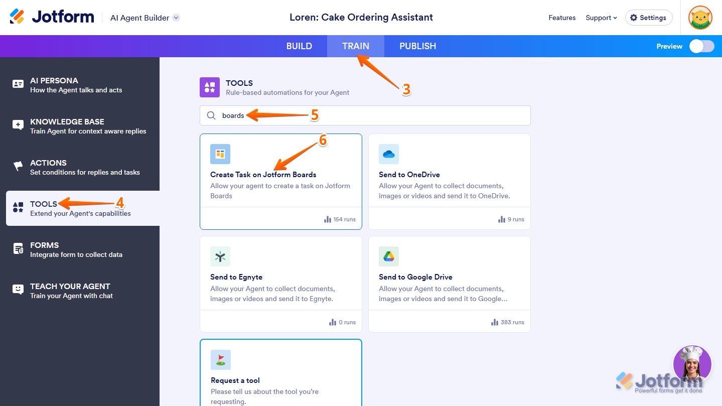 Create Task on Jotform Boards option in Tools menu of the Train tab in Jotform AI Agent Builder