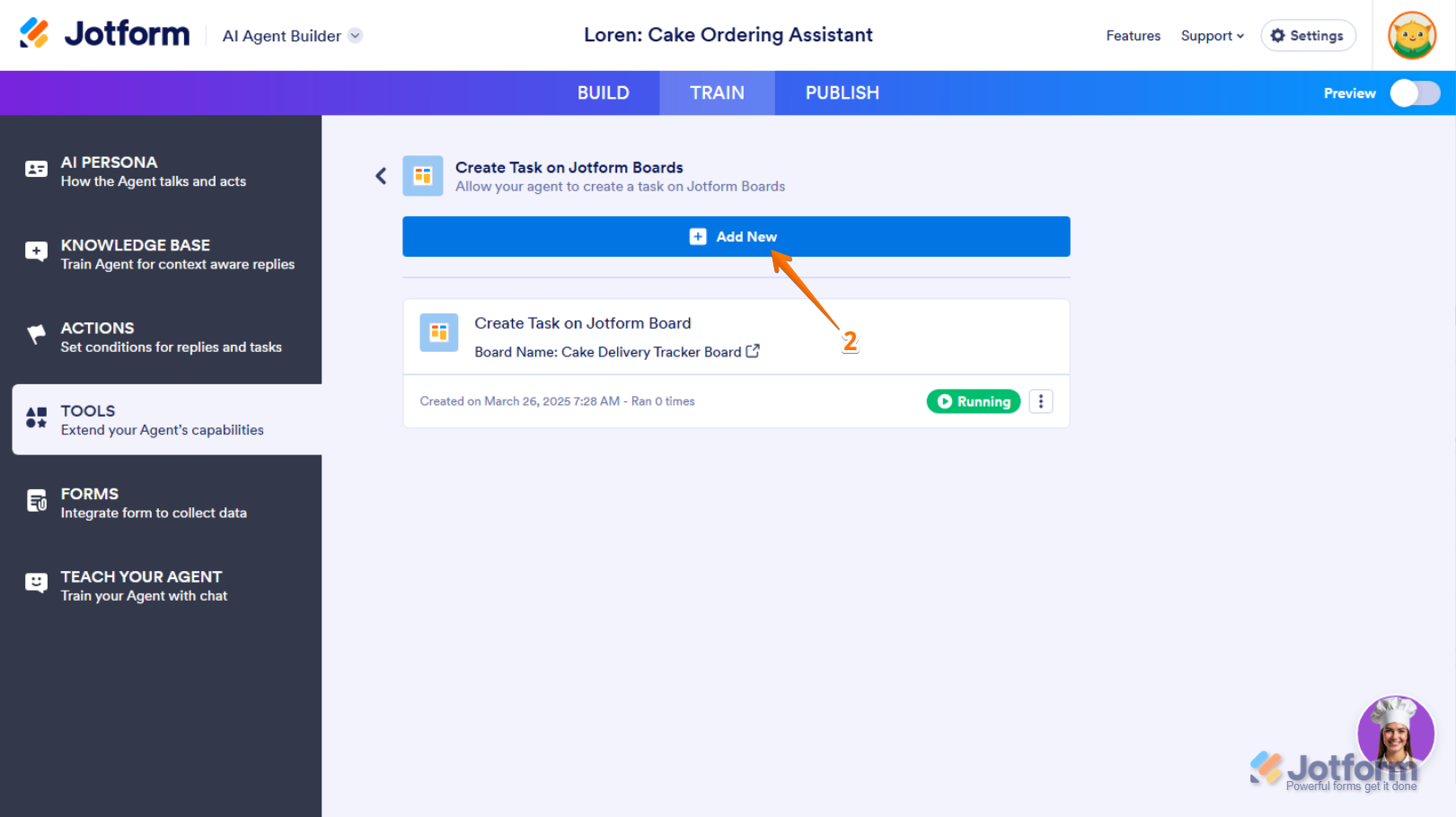 Add New button in the Create Task on Jotform Boards section in Tools menu of the Train tab in Jotform AI Agent Builder